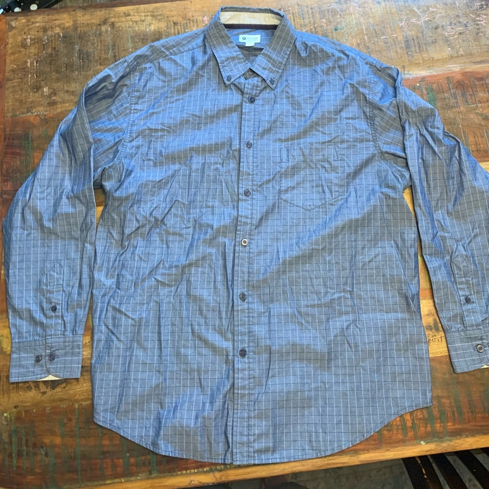 Haggar Mens XL Plaid Long Sleeve Button-Down Shirt Blue Navy White Pocket